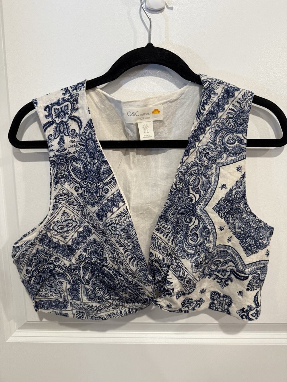 C&C California Women Sz XL 100% Linen Cropped Top Blue Paisley Boho Beach